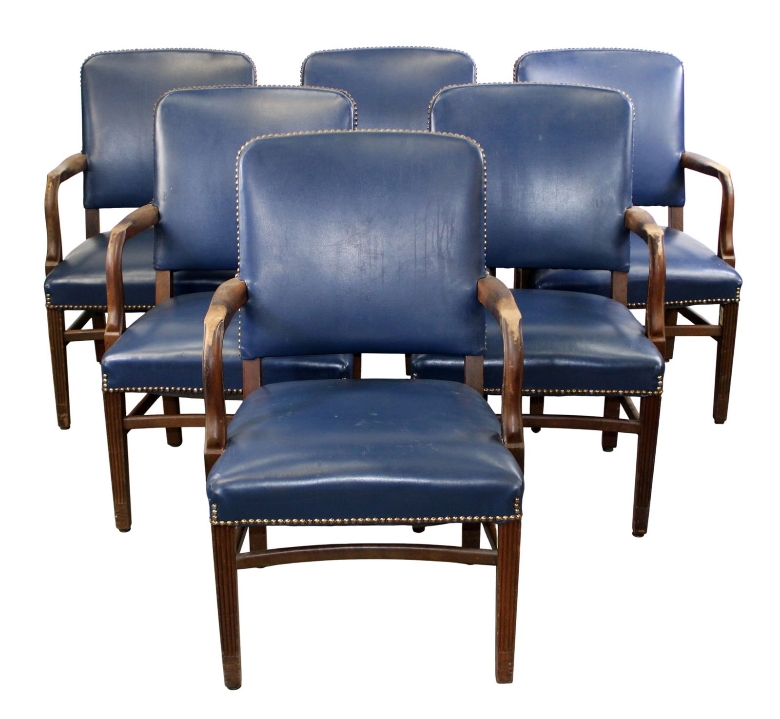 Set of 6 Gunlocke Co Mid century blue leather armchairs: Set of 6 Mid century blue leather armchairs. By The Gunlocke Co Wayland, New York. 37"h x 23 1/2"w x 21"d, seat height 20". Mid 20th century.