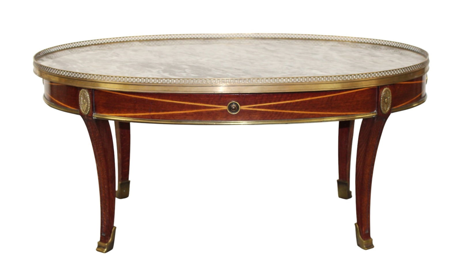 French Louis XVI style oval coffee table with marble top and brass gallery (1 of 7)
