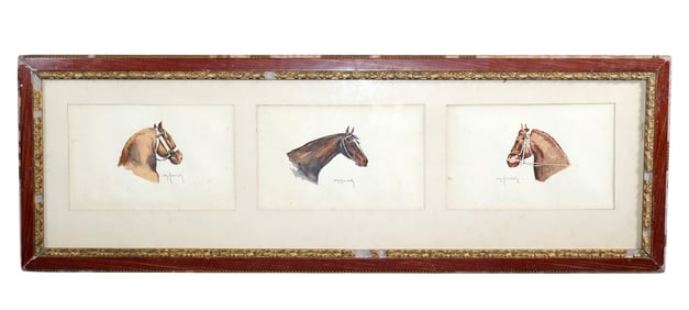 French watercolor of 3 horse head portraits in a single frame