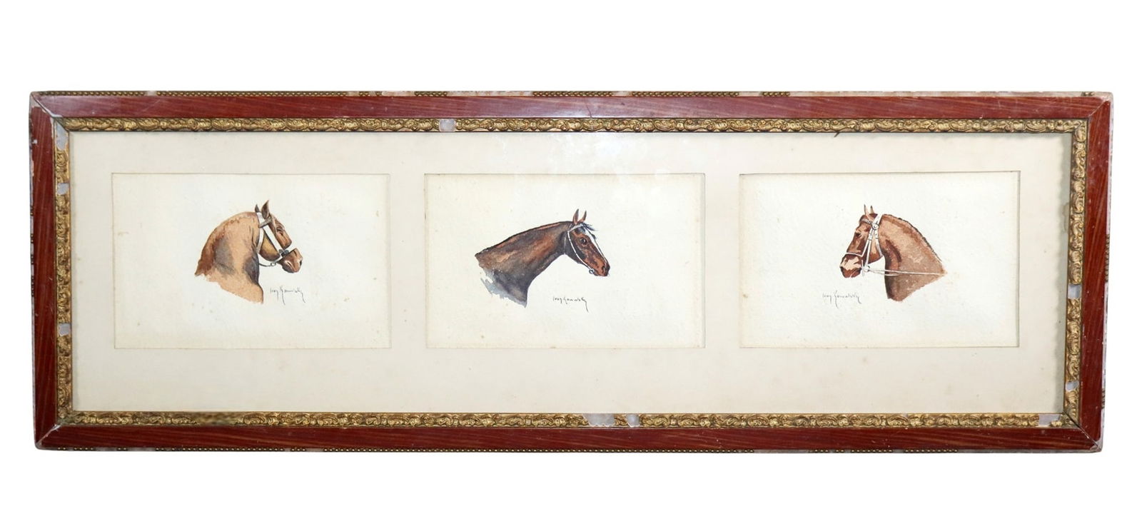 French watercolor of 3 horse head portraits in a single frame: French watercolor of 3 horse head portraits in a single frame. 10 1/4"h x 30 3/4"w. Weight: 3lbs