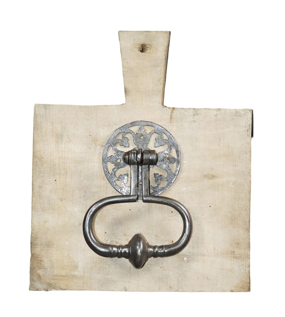 French cast iron door knocker: French cast iron door knocker. Late 19th century. 14 1/4"h x 12"w x 6 1/2"d. Weight: 6lbs