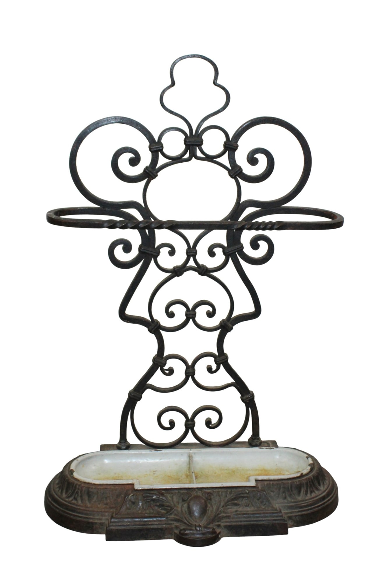 French scrolled iron umbrella stand: French scrolled iron umbrella stand. 32 1/4"h x 22"w x 9 1/2"d