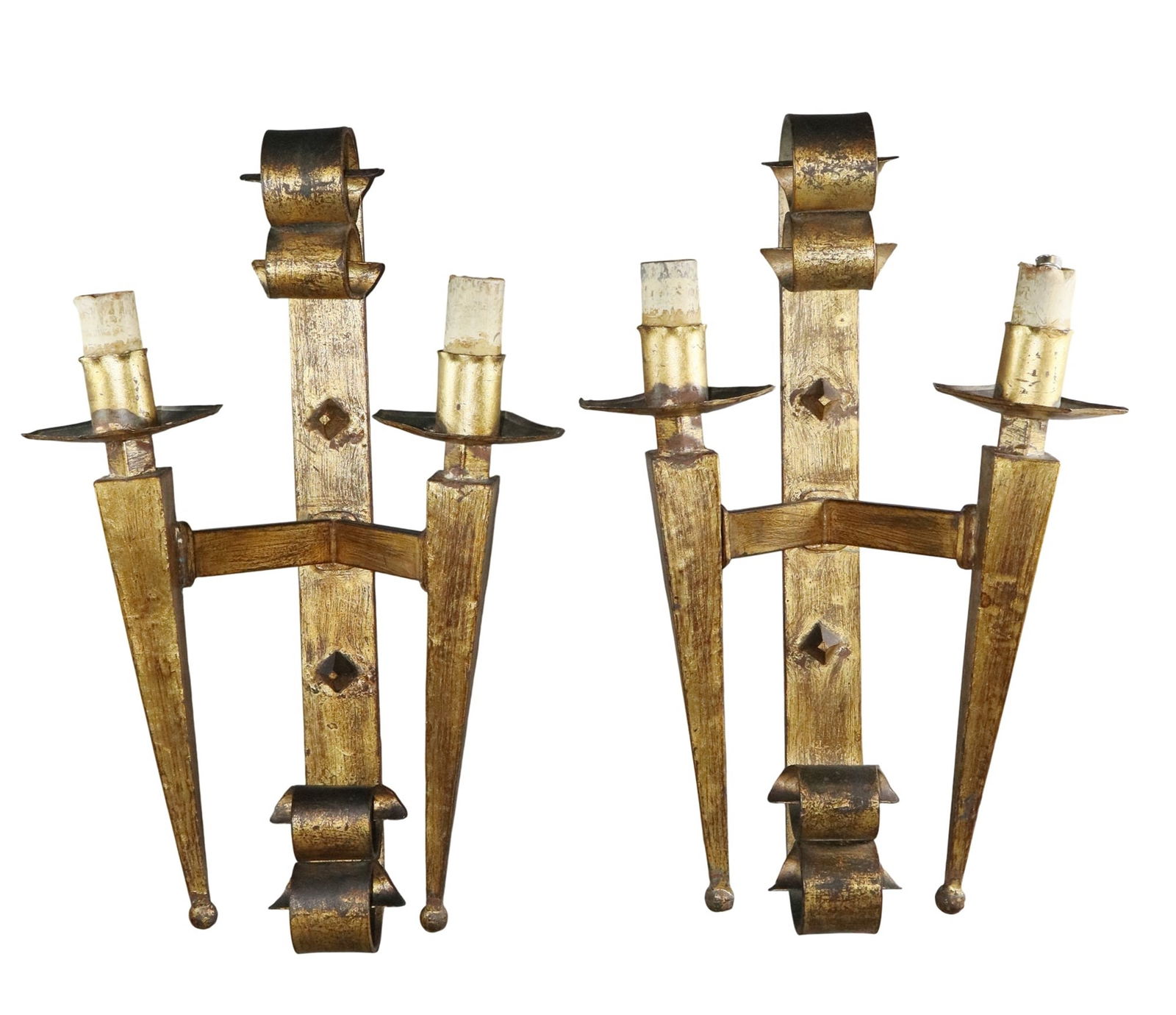 Pair of French Gothic revival 2 arm sconces: Pair of French Gothic Revival 2 arm sconces. 25"h x 15"w x 9 1/2"d