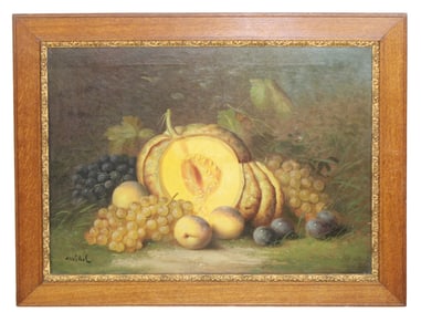 French oil on canvas painting still life with melon and grapes