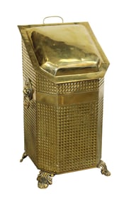 American brass coal hod with lion heads on paw feet