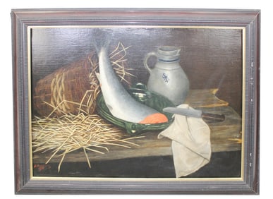 French oil on canvas painting still life with fish and pitcher