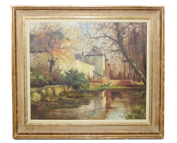 Belgian oil on canvas landscape painting with river and village. Signed G. Noelanders