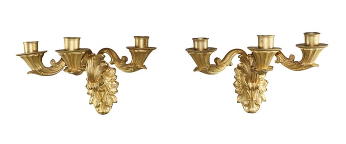 Pair of Louis XV style gilt bronze 3-arm sconces