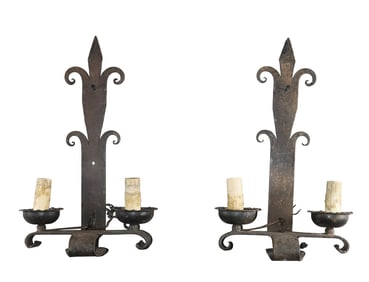 Pair of French Gothic Revival 2 arm sconces in iron