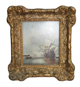 Miniature Dutch print after W van der Velde's The Cannon Shot. In gilt frame