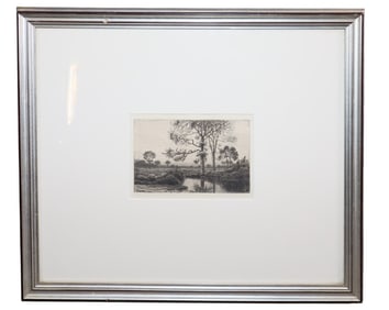 Framed book plate- Rive Landscape Signed l/l Farrer 1884