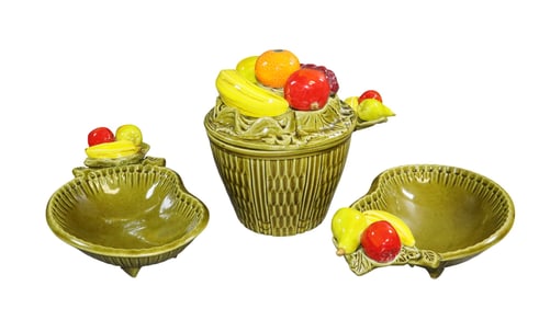California pottery lidded soup tureen set with 3 serving dishes with fruits
