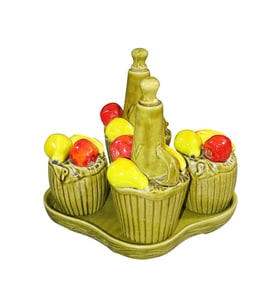 California Pottery 4 Piece oil and vinegar cruet set with salt and pepper shakers with fruit