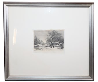 Framed book plate - Snowy Cottage Signed l/c K.V Elton