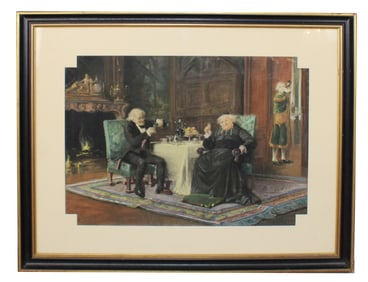 Pastel painting of priests at dinner