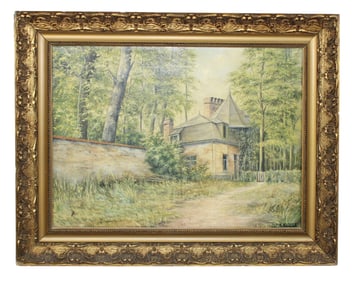Continental oil on canvas painting landscape with cottage. Signed and dated L/R 1921 H. Niveunek