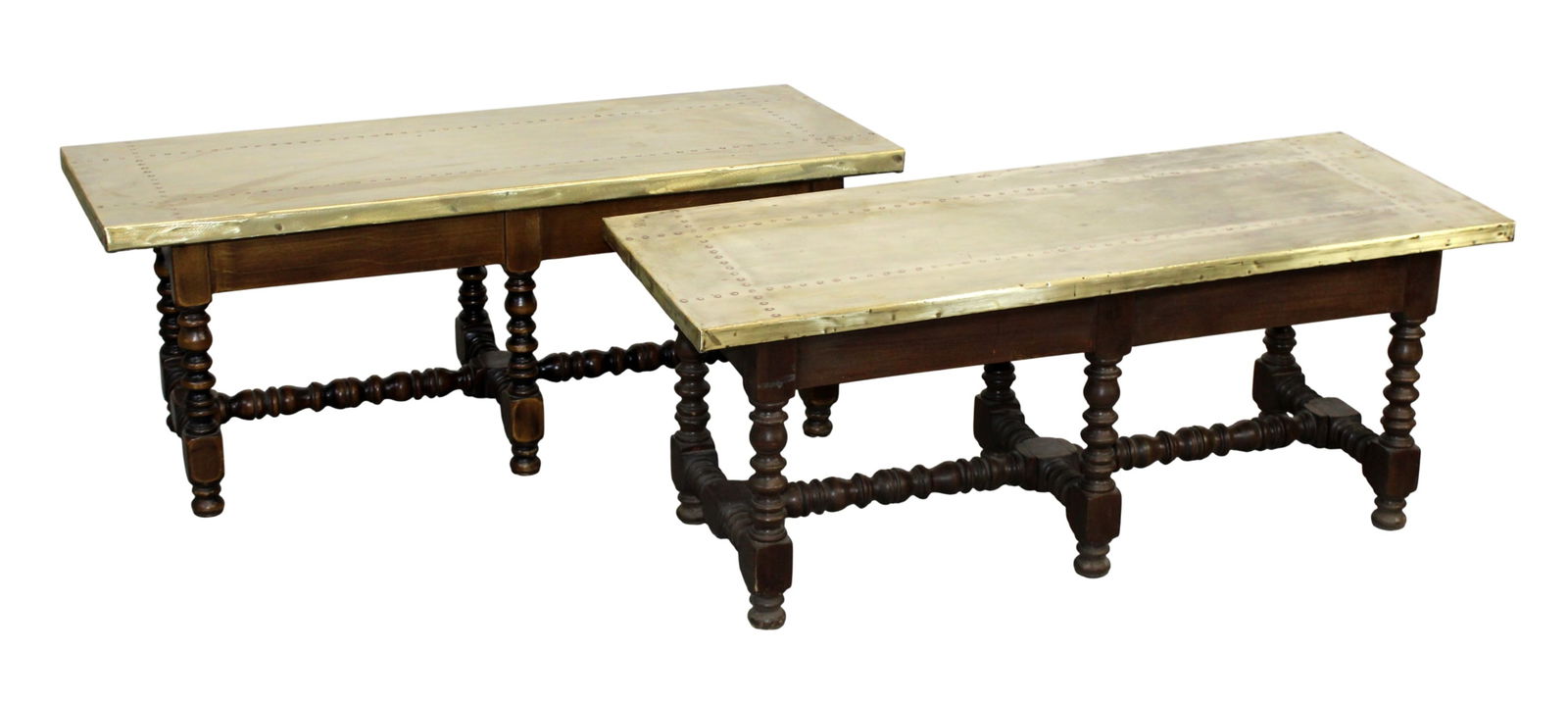 Pair of French 6-leg coffee tables with bobbin legs and riveted brass tops (1 of 10)