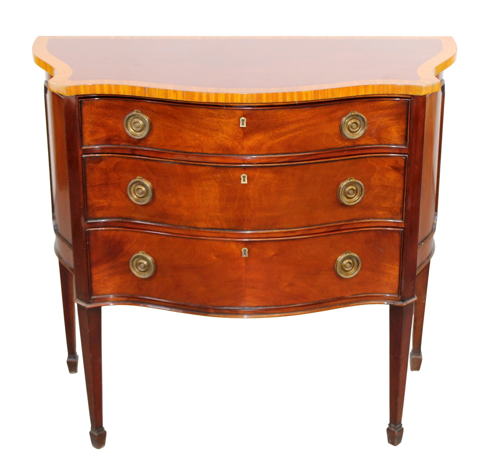 Hepplewhite style mahogany 3 drawer chest on legs (1 of 9)