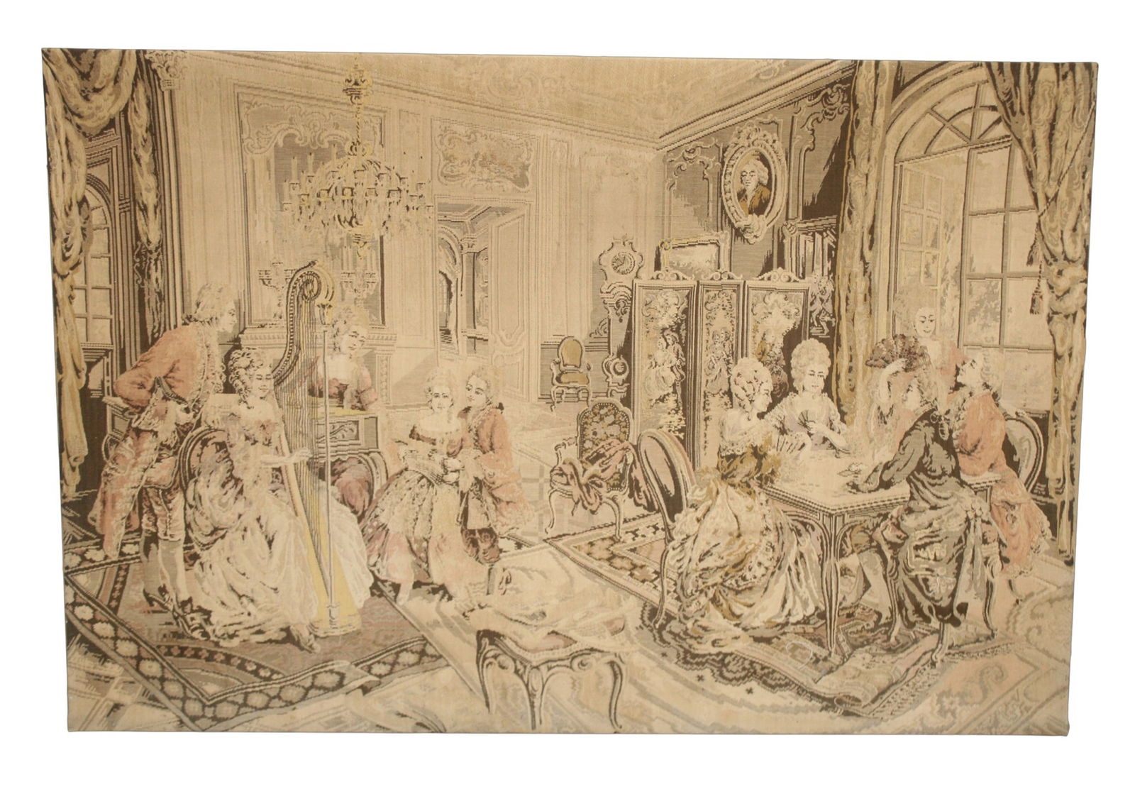 French machine made monochromatic tapestry of a parlor scene: French machine made monochromatic tapestry of a parlor scene. Early 20th century. 47 1/2"h x 71"w