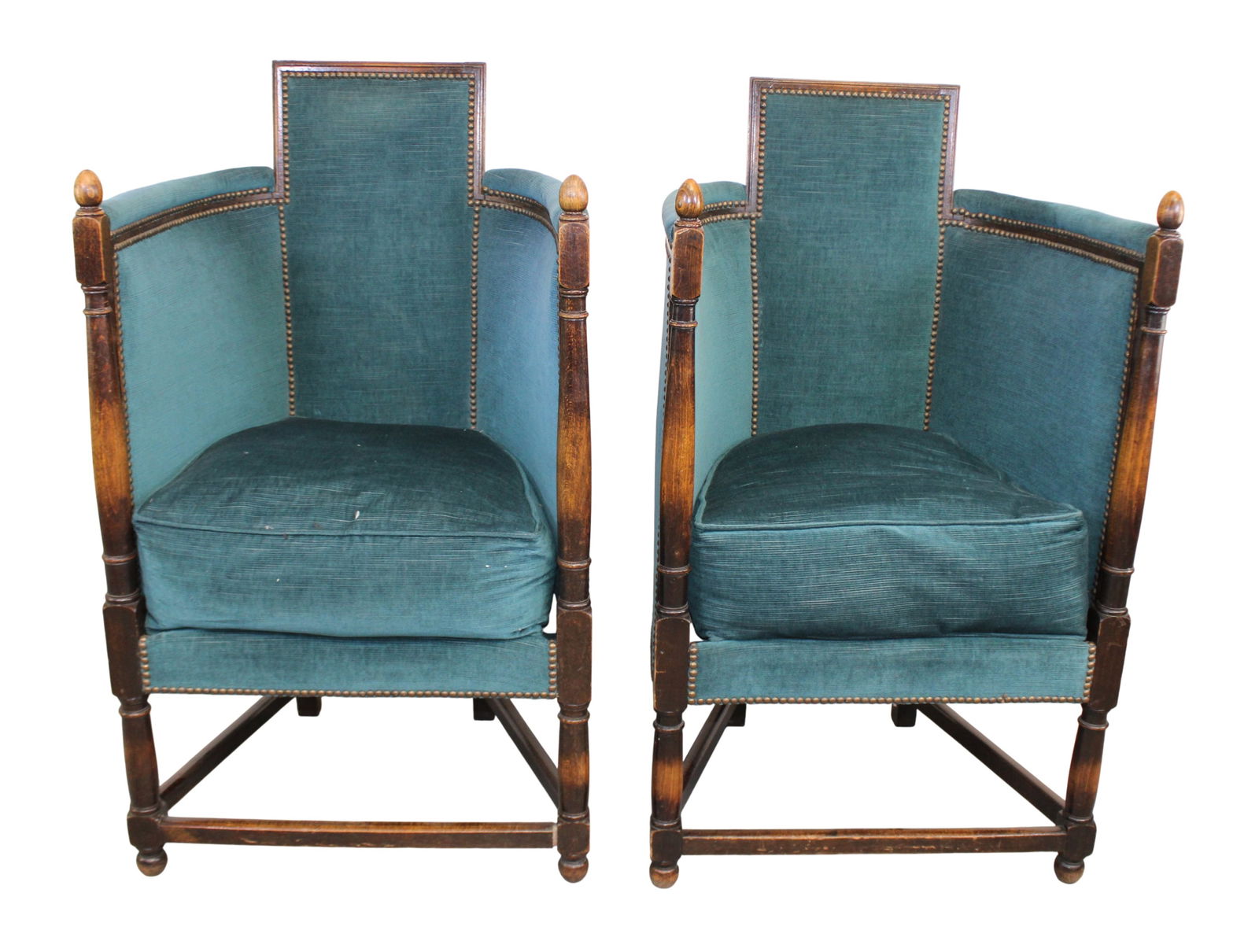 Pair of French high side barrel armchairs in studded blue upholstery: Pair of French high side barrel armchairs in studded blue upholstery. Mid 20th century. 41"h x 23 1/2"w x 20 1/2"d, seat height 19"d