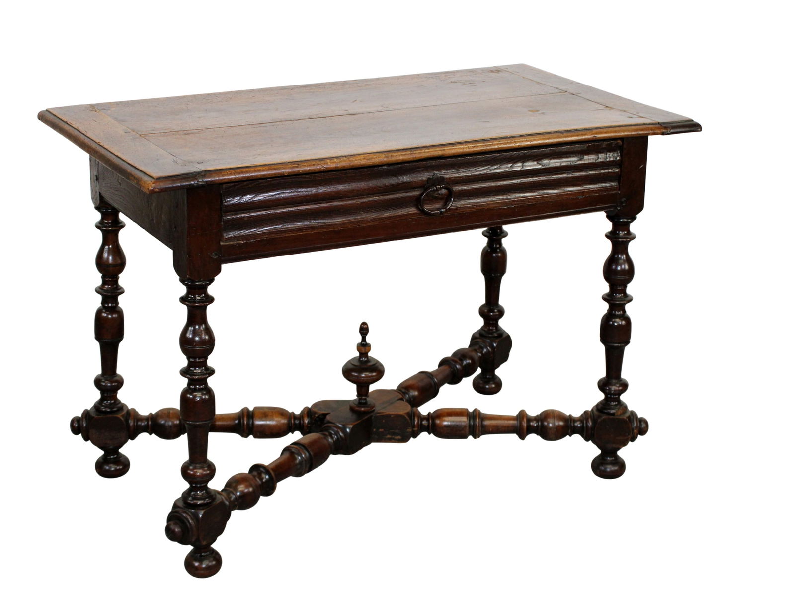 French Louis XIV style bureau plat desk in walnut with crossed stretcher (1 of 10)