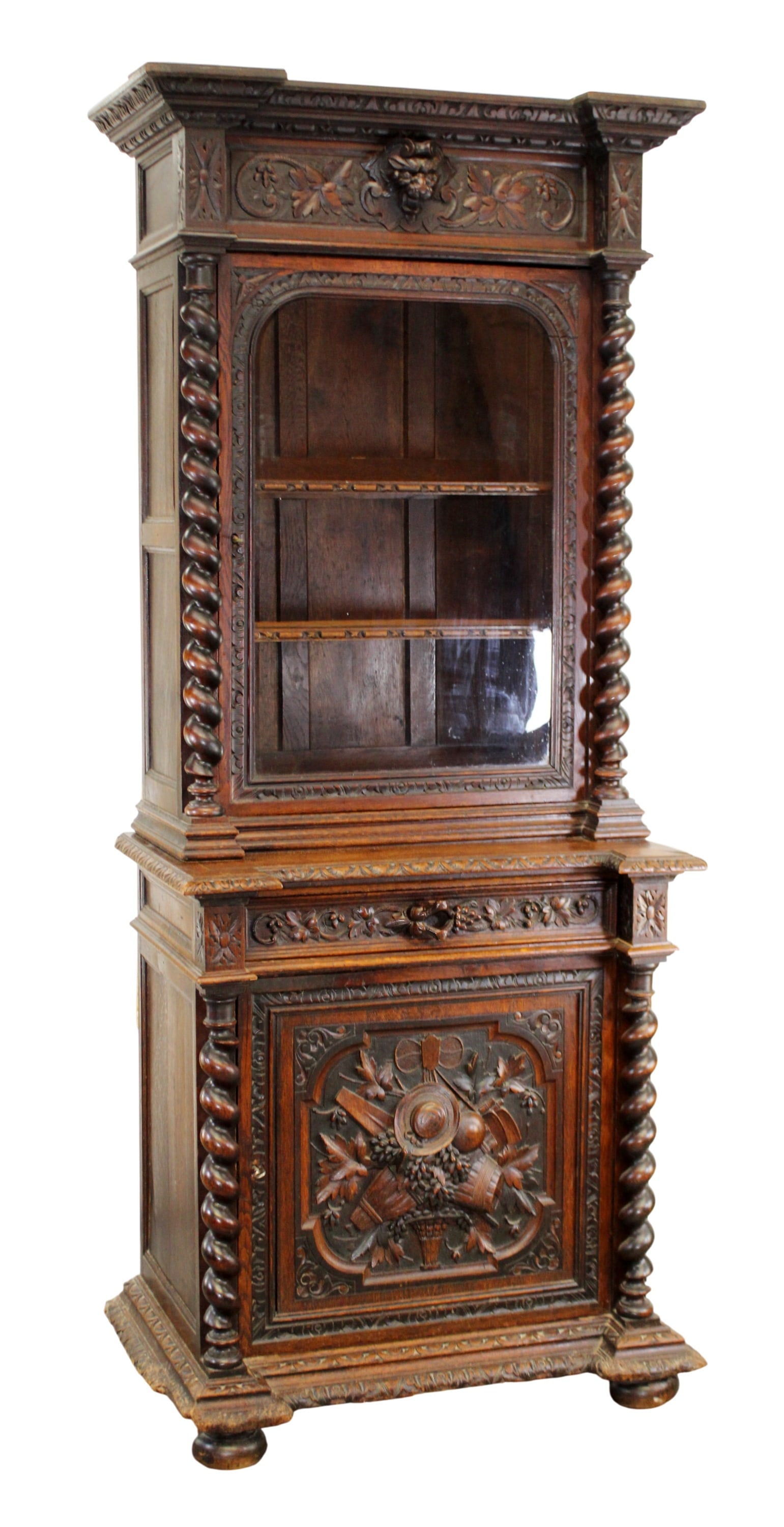French carved oak bookcase with barley twist columns (1 of 13)