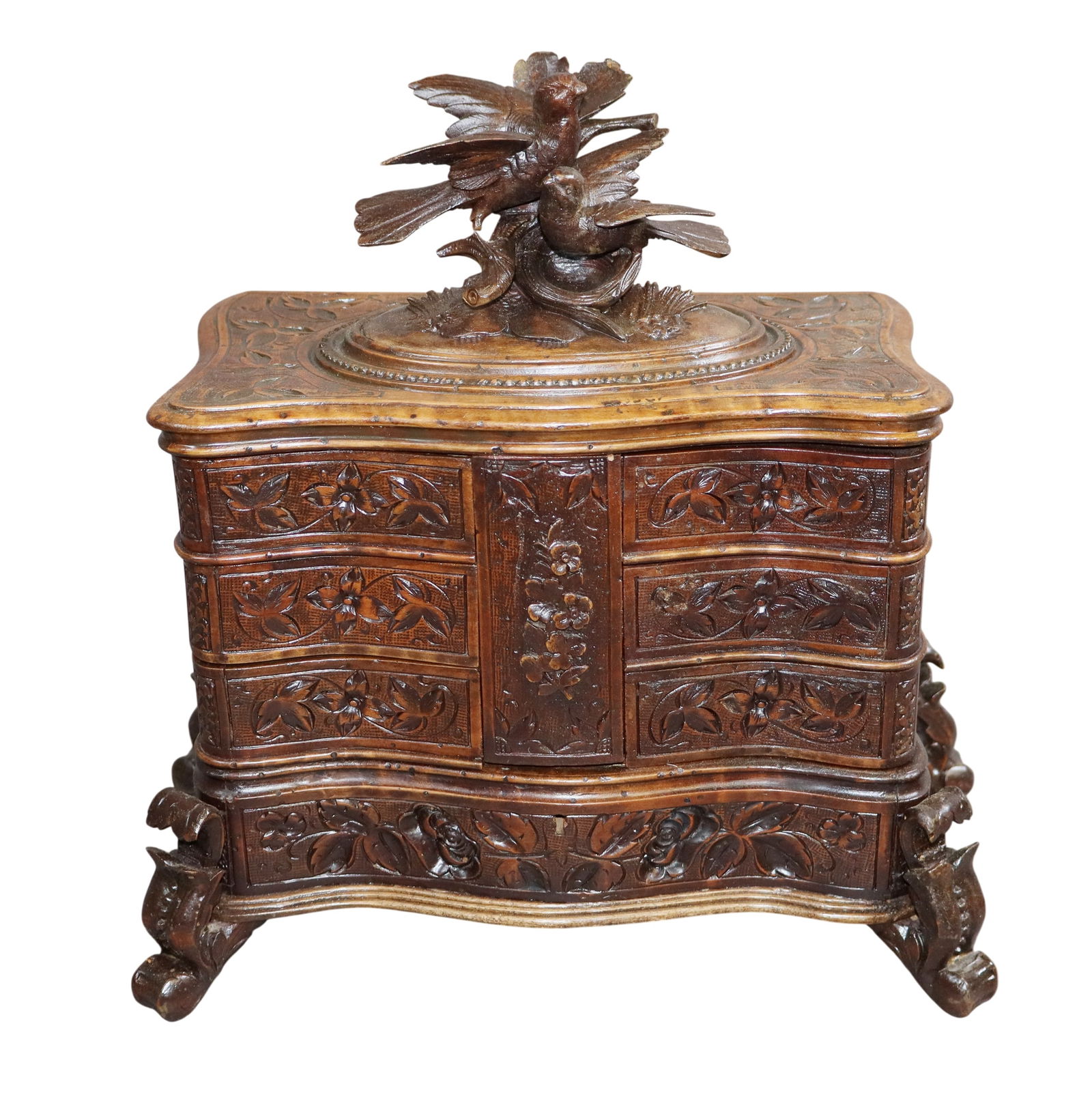 Black Forest carved walnut dresser box with bird (1 of 8)
