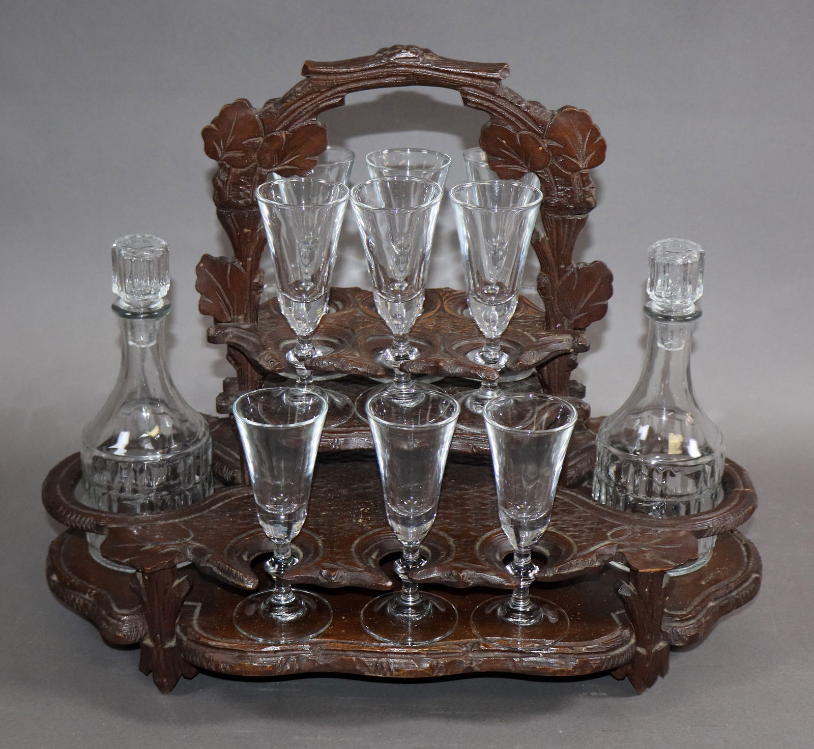 Black forest carved walnut tantalus set (1 of 6)