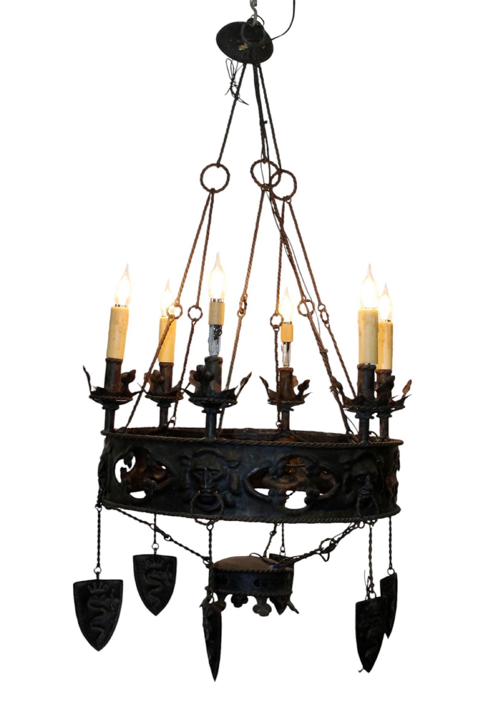 French 6 light iron ring chandelier with Francois I shields (1 of 11)