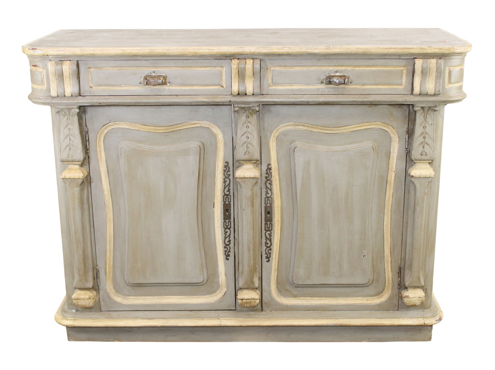 French Napoleon III painted walnut store counter front bar: French Napoleon III painted walnut store counter front bar or kitchen island. 2 doors, 2 drawers on 1 side and open shelf back. Back has iron hooks. Late 19th century. 40 1/8"x 55 1/4"w x 22"d