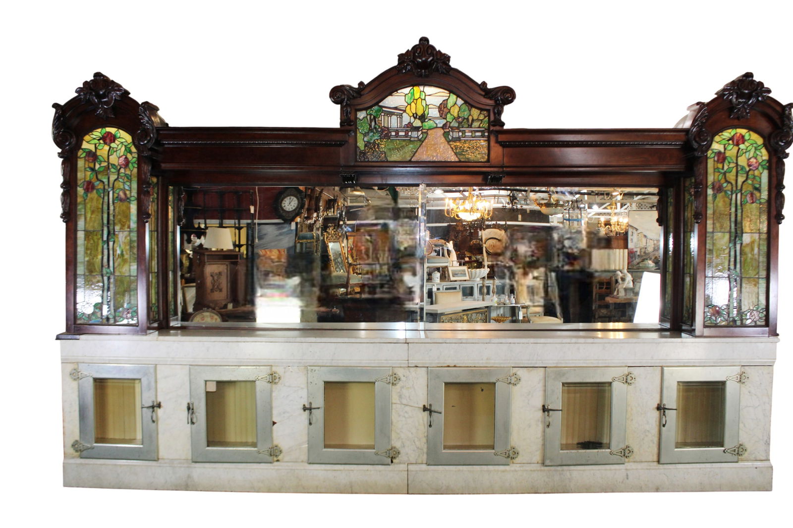 American mahogany and stained glass ice cream parlor back bar on marble base cabinet: American mahogany and stained glass ice cream parlor back bar on marble base cabinet. Late 19th century. 116"h x 188"w x 18"d