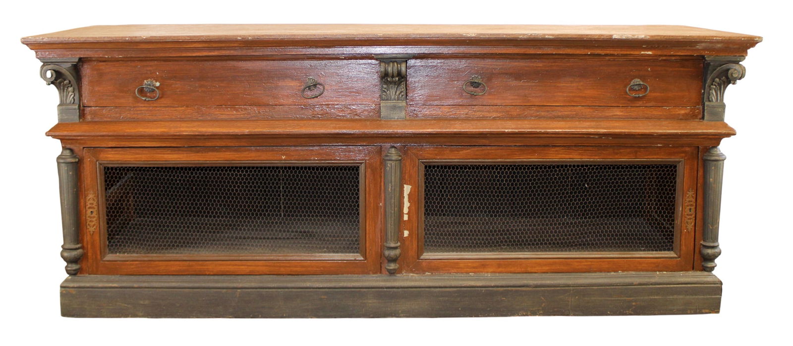 Grand scale French faux painted sideboard shop counter with wire doors (1 of 15)