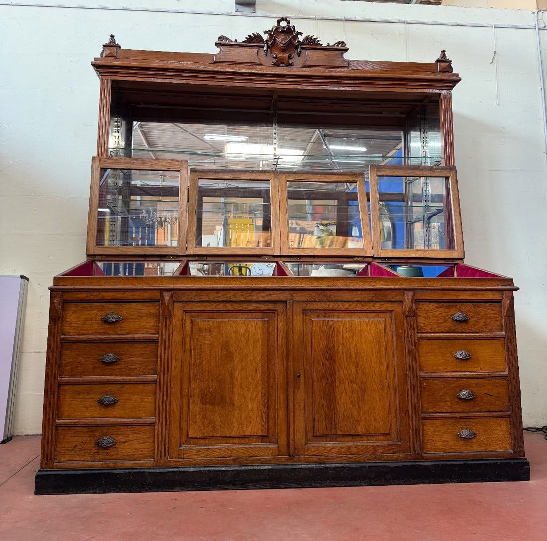 French shop display cabinet with slanted lift top glass display and open mirrored back shelves (1 of 2)