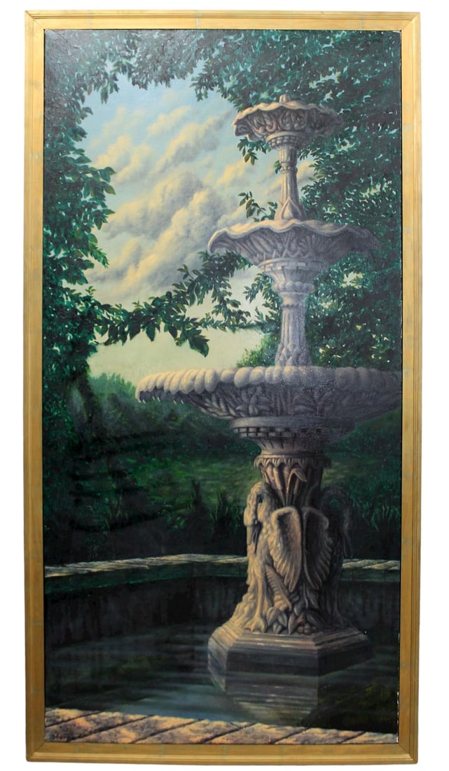 Oil on canvas painting "Swan Song" garden landscape with fountain and swan (1 of 1)