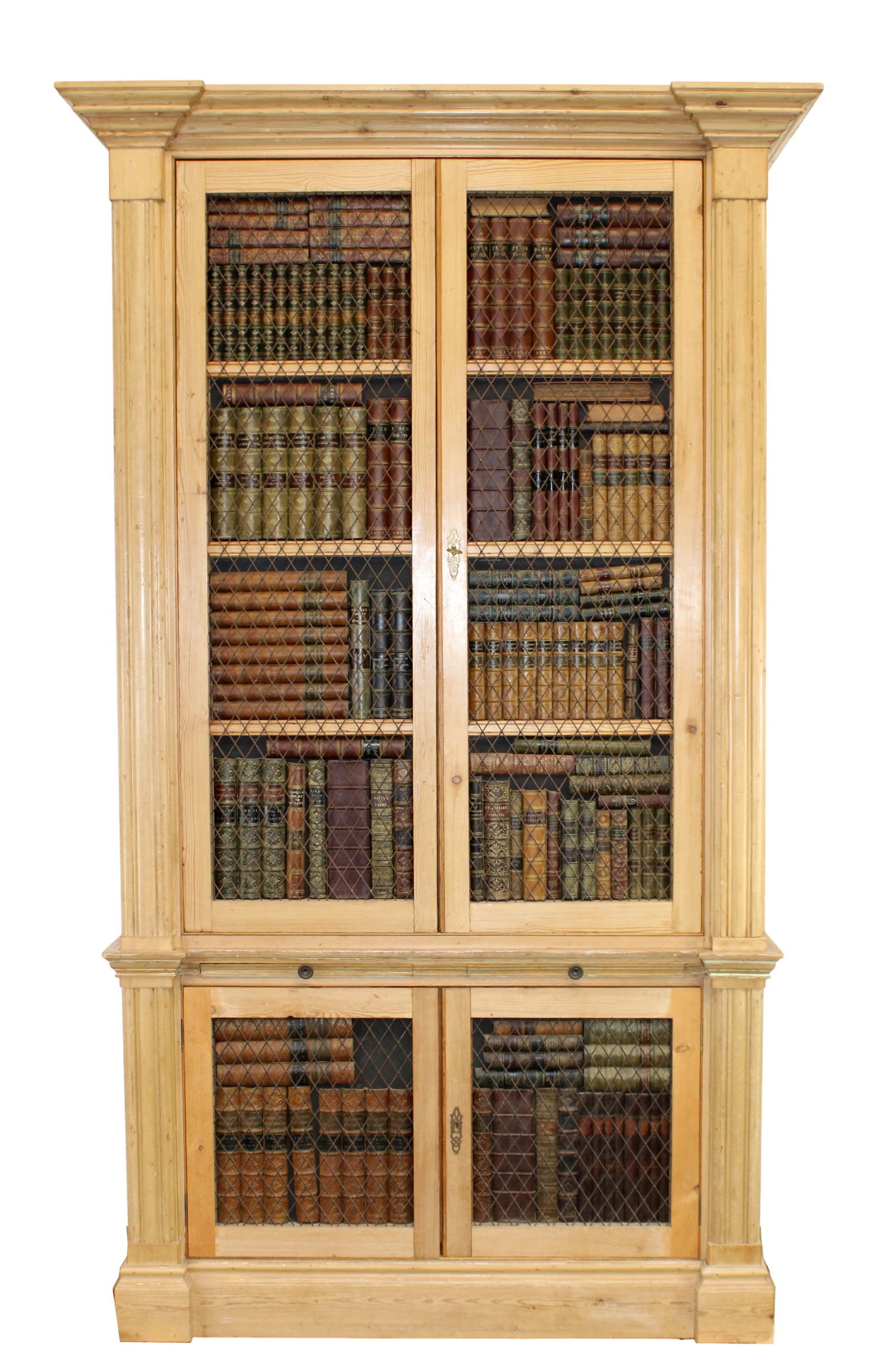 Trompe l'oeil deux corps bookcase in pine with leather book facade (1 of 10)