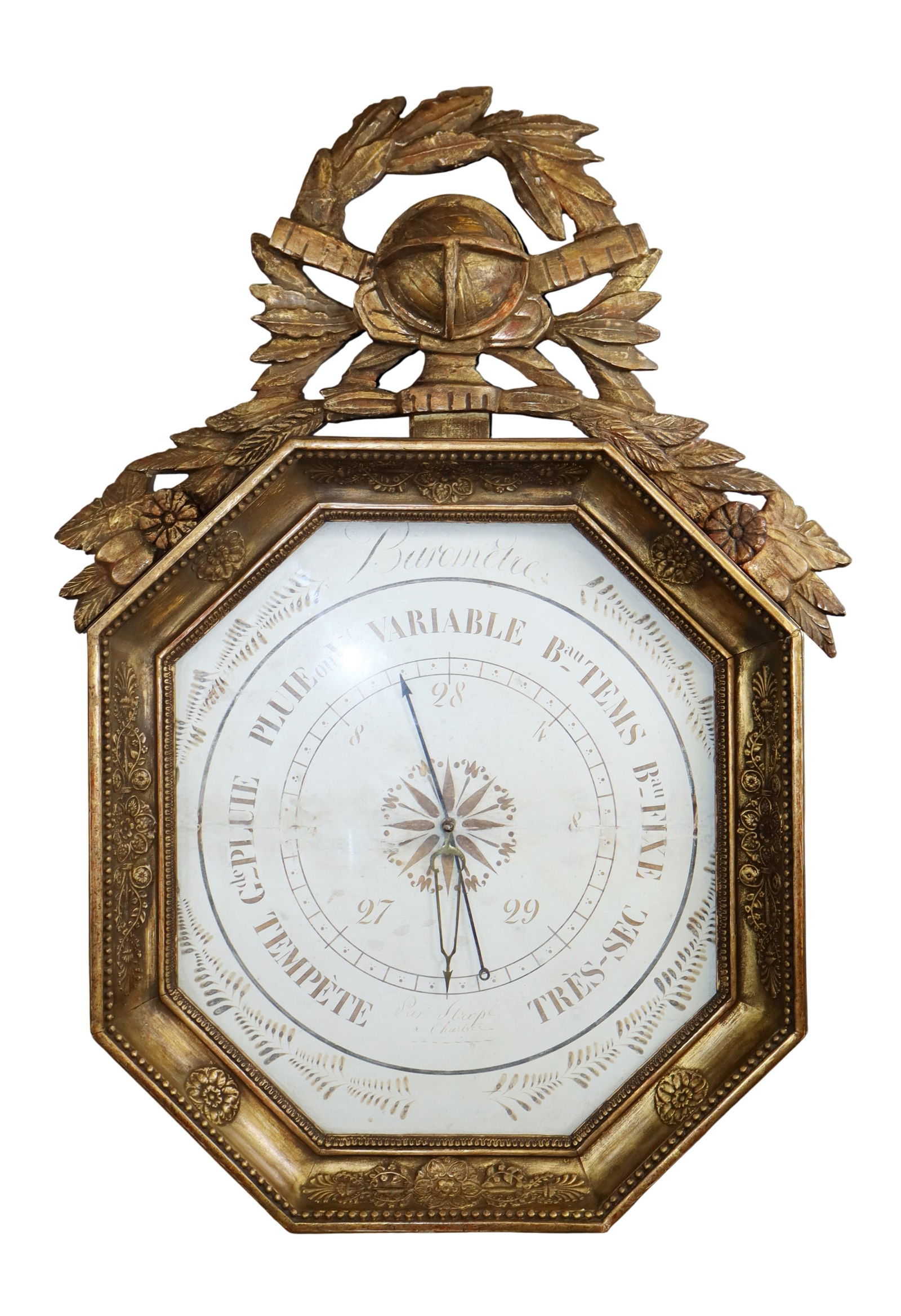 French Empire giltwood barometer: French Empire giltwood barometer with globe crest and laurel leaf wreath. 19th century. 29 3/4"h x 22"w. Weight: 8lbs