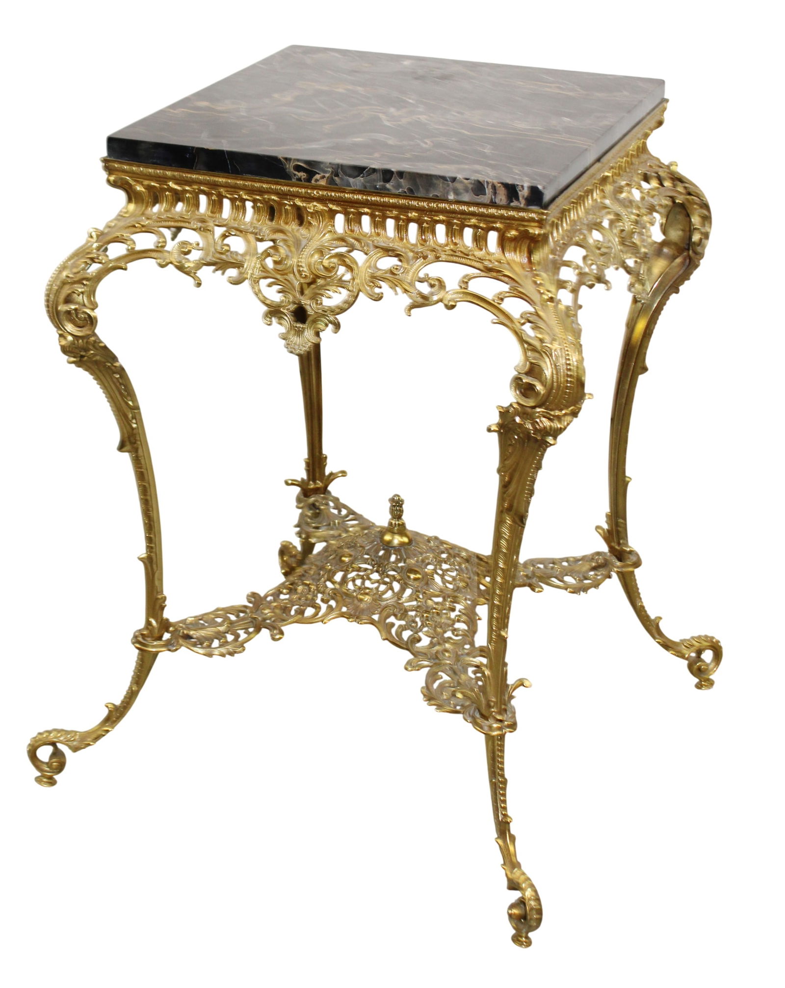 Victorian polished brass side table with marble top: Victorian polished brass side table with marble top. Early 20th century. 30 1/2"h x 21 1/2"w x 21 1/2"d