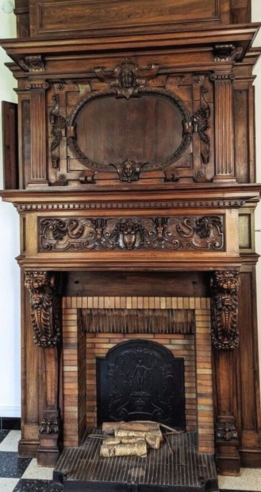 Monumental French Renaissance style carved walnut fireplace mantel (1 of 1)
