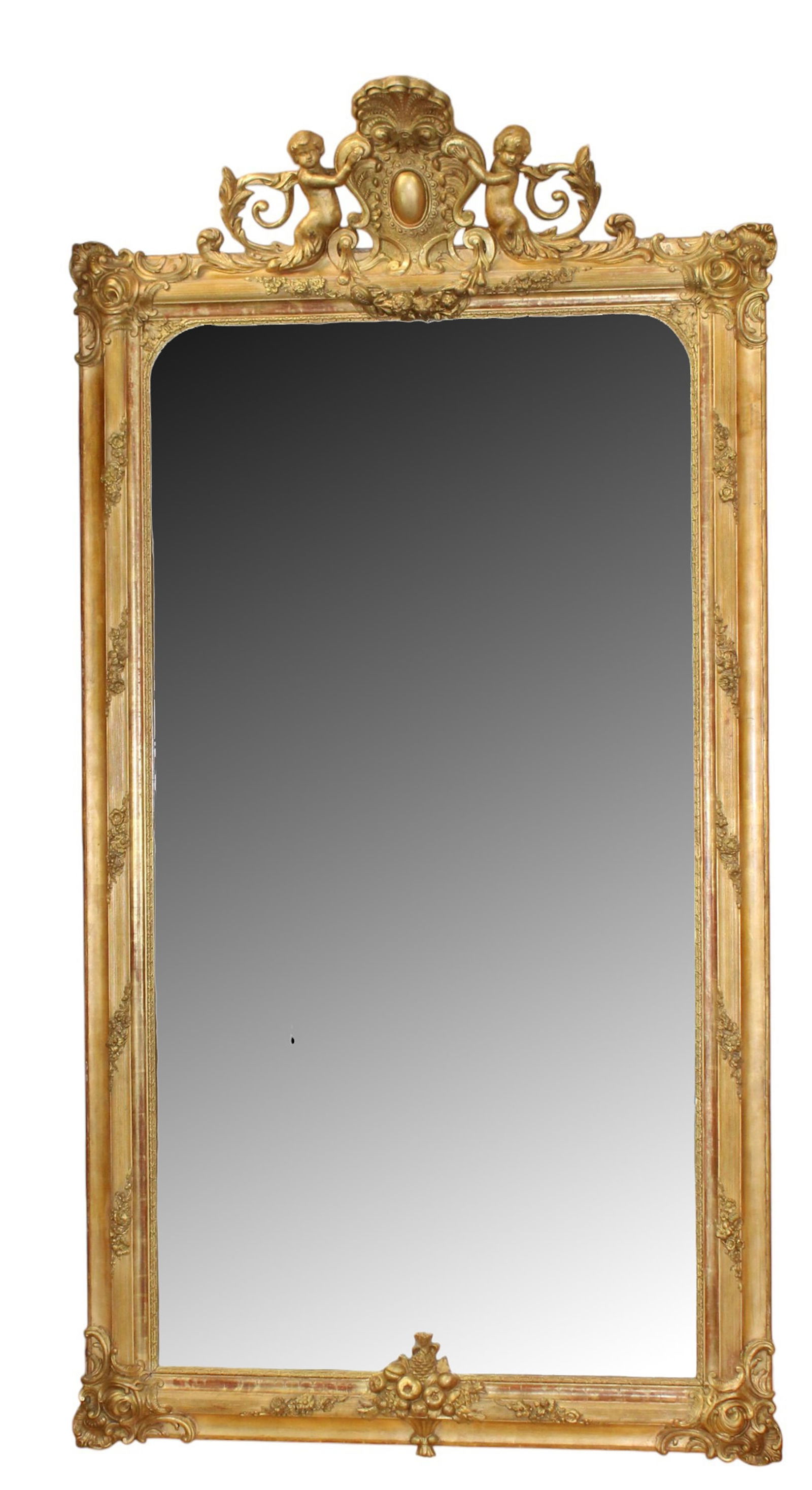 French grand scale gold leaf mirror with cabochon crest flanked by cherubs under scallop shell (1 of 11)