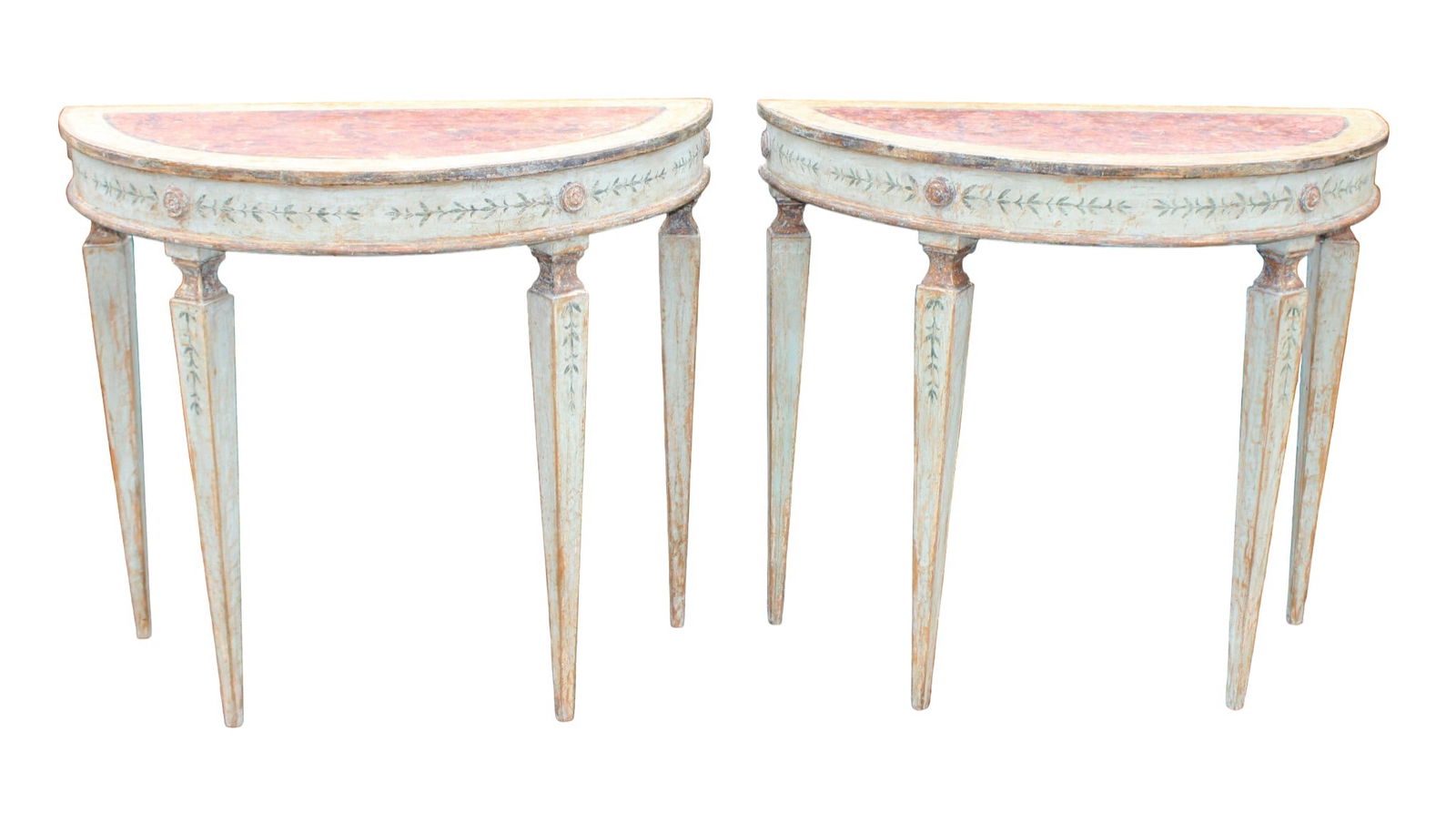 Pair of Italian demi-lune console tables in painted pine (1 of 8)