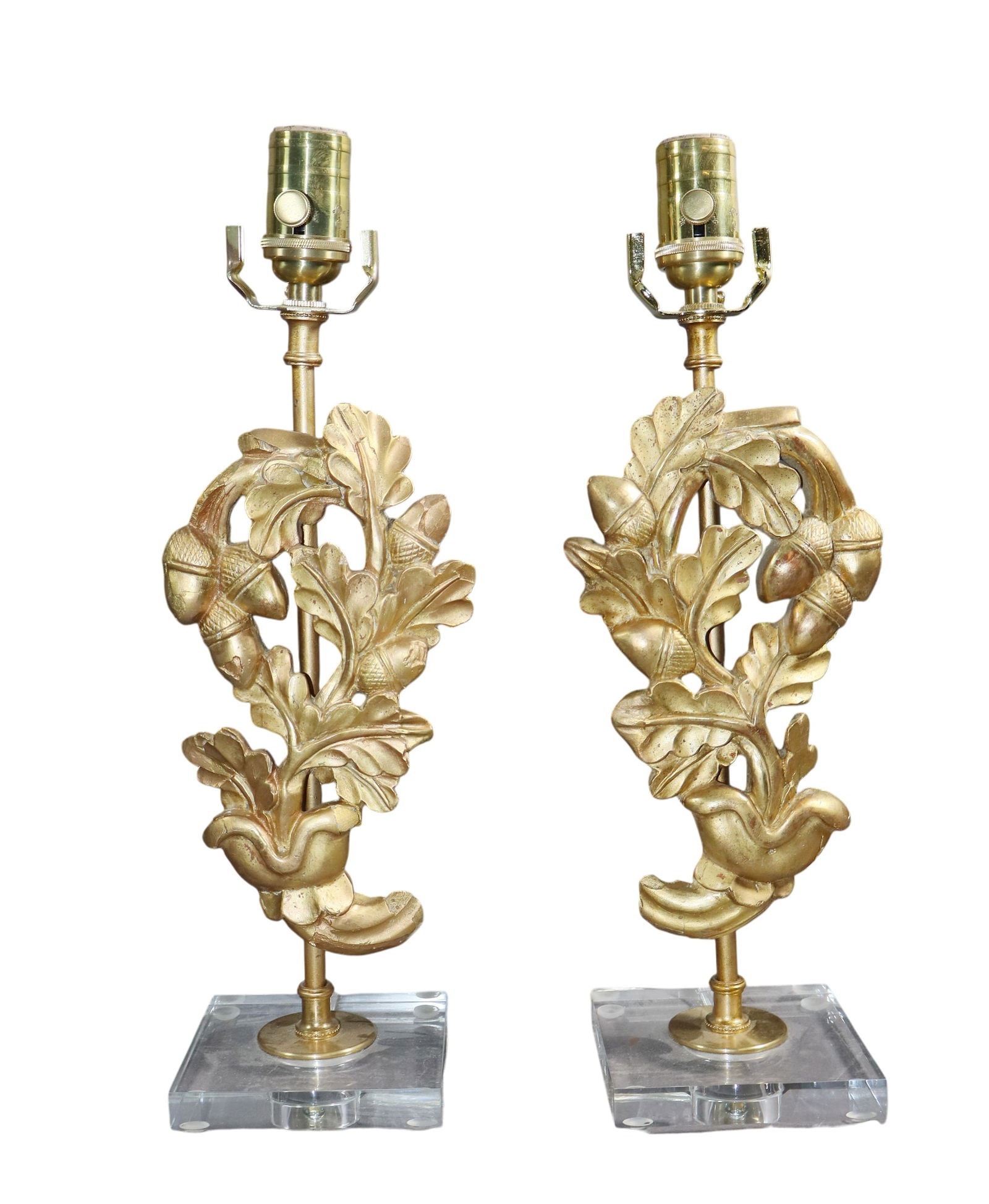 Pair of French carved and gilded oak leaf and acorn fragment lamps (1 of 9)