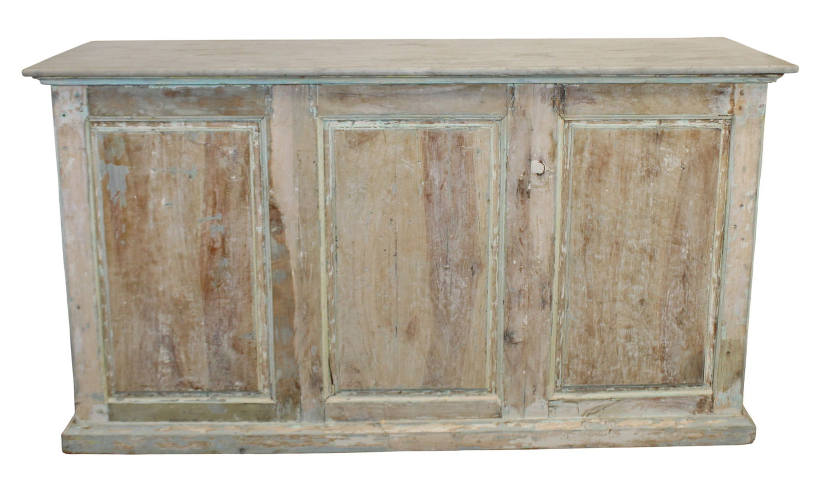 French double sided shop counter island with marble top: French double sided shop counter island in pine with a panted distressed finish and a marble top. One side raised panel. One side has 4 doors and 4 drawers. 19th century. 39 5/8"h x 73"l x 25"d