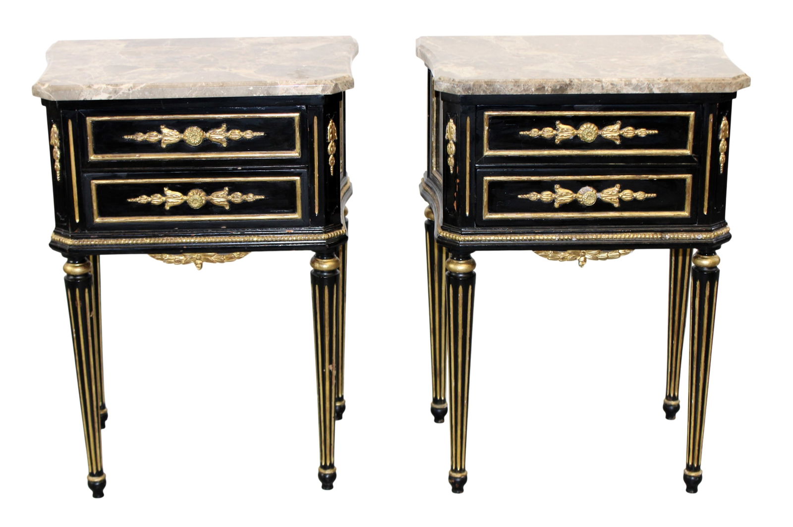 Pair of Maison Jansen Louis XVI style marble top chevets: Pair of Maison Jansen Louis XVI style marble top chevets in ebony finish. Marked on underside. Late 20th century. 26 5/8"h x 19 1/4"w x 13 1/4"d