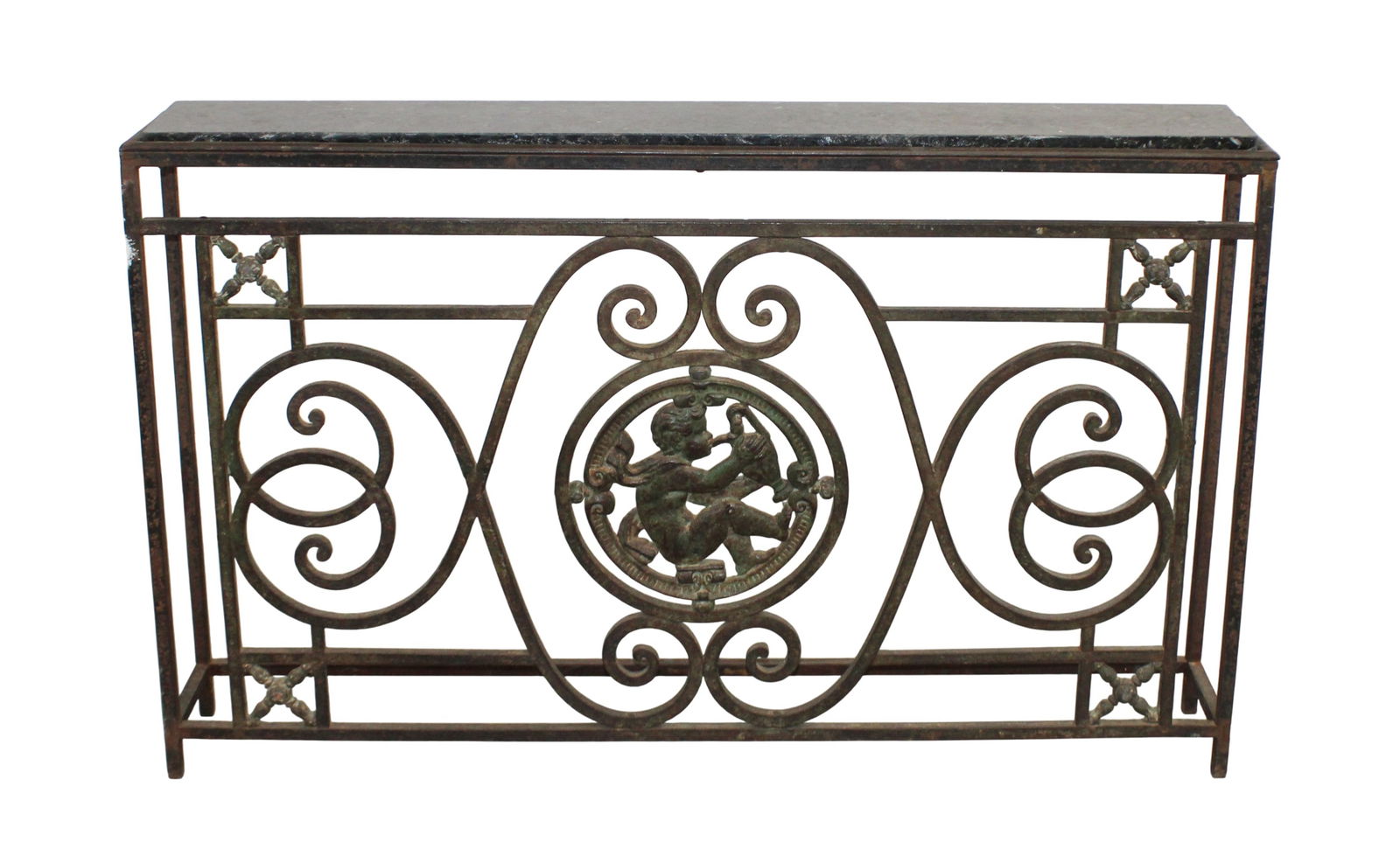 French wrought iron console with cherub plaque and marble top (1 of 6)