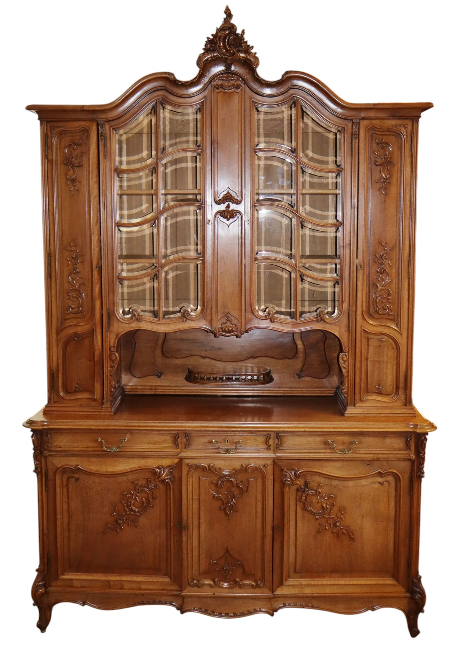 French Louis XV style carved walnut buffet with paned beveled glass (1 of 16)