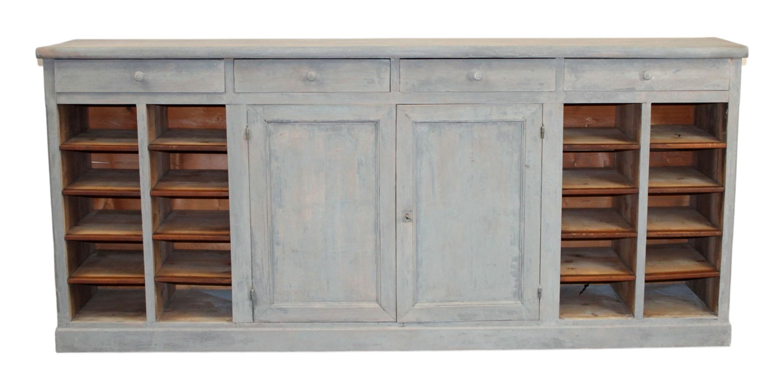 French Louis Philippe enfilade with drawers and cubbies: French Louis Philippe enfilade with drawers and cubbies. In walnut with painted finish. 19th century. 41 3/8"h x 92 7/8"l x 19 5/8"d