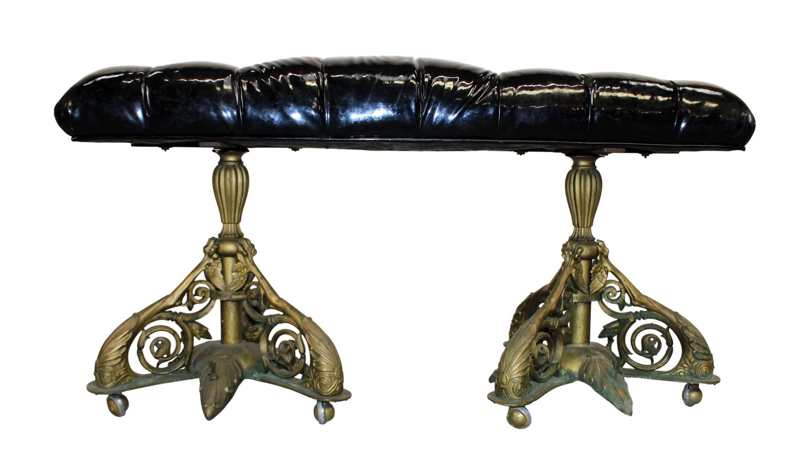 Oscar Bach (attributed) bench with tufted vinyl seat: Oscar Bach (attributed) bench with tufted vinyl seat. Early 20th century. 20"h x 38"w x 15"d