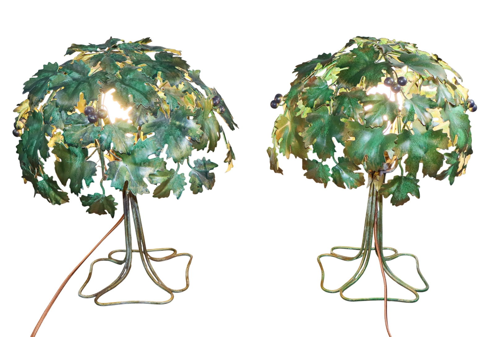 Pair of Italian tole grapevine table lamps: Pair of Italian tole grapevine table lamps. Mid 20th century. 17 3/4"h x 13 1/2"dia. Weight: 8lbs total