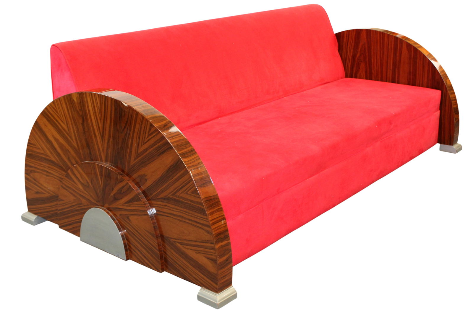 Art Deco sofa with curved Rosewood arms: Art Deco sofa with curved Rosewood arms. 30 1/4"h x 82"l x 45"d, seat height 13"