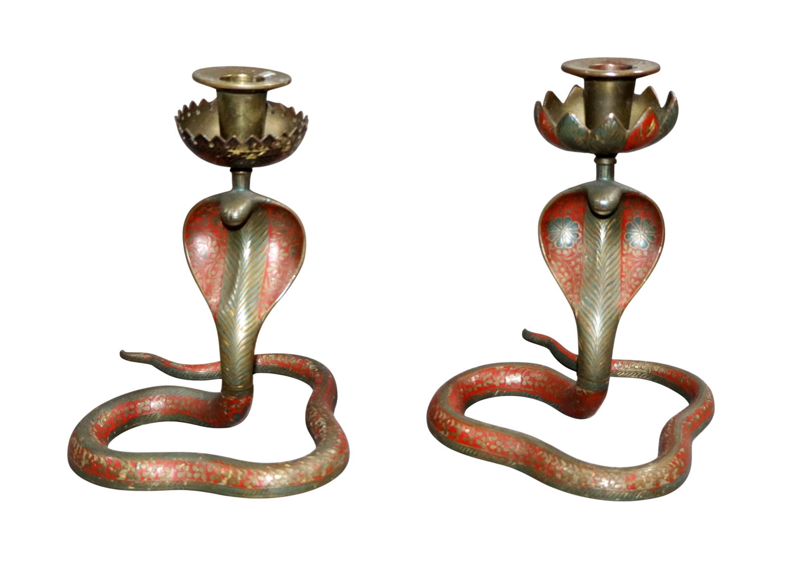 Pair of painted brass cobra form candle holders (1 of 7)
